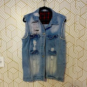 POL distressed denim vest red plaid